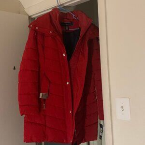 Tommy Hilfiger Red Quilted Puffer Coat – Hooded, Winter Jacket